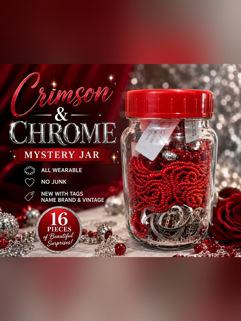 Red Silver Mystery Jewelry Jar Name Brand NWT All Wearable 16 piece bundle